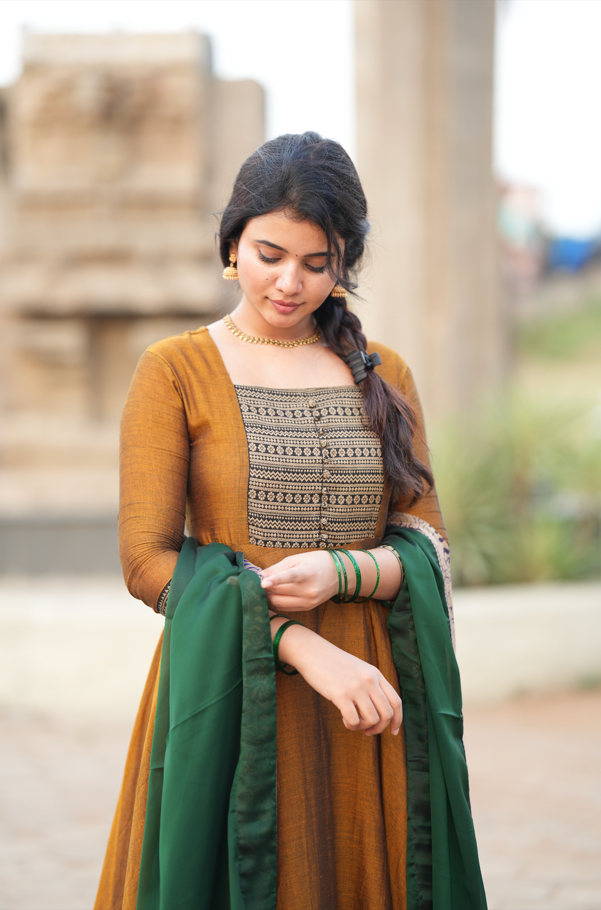 Mirna – Green Narayanpet Anarkali with Mustard Dupatta