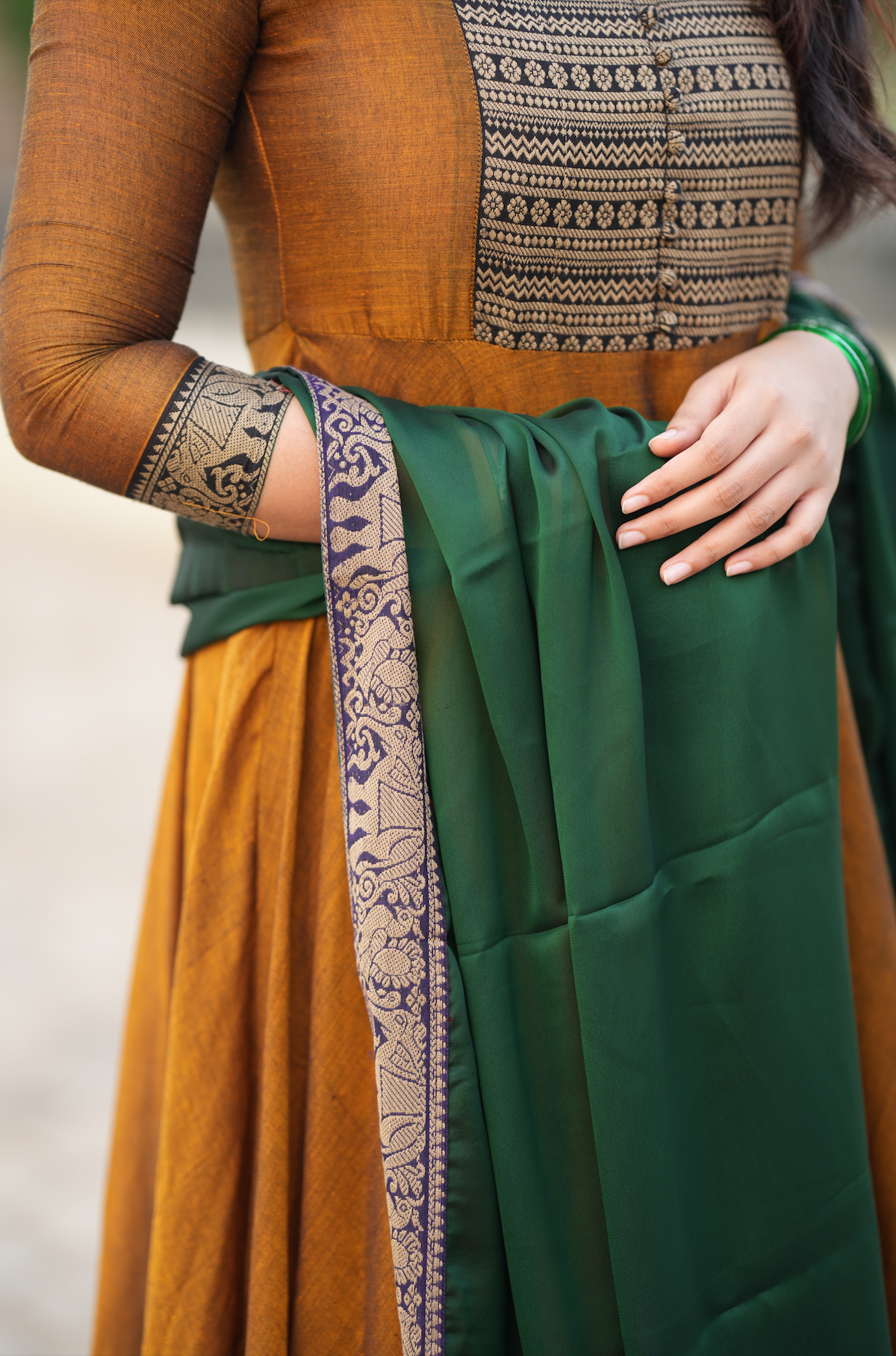 Mirna – Green Narayanpet Anarkali with Mustard Dupatta