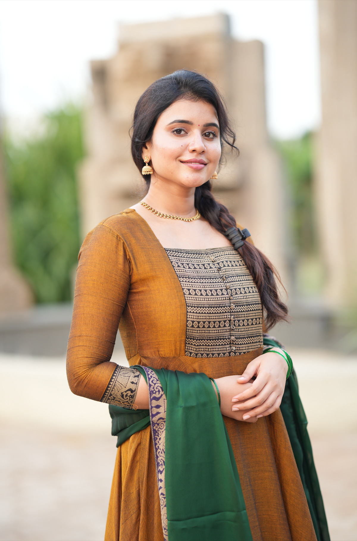 Mirna – Green Narayanpet Anarkali with Mustard Dupatta