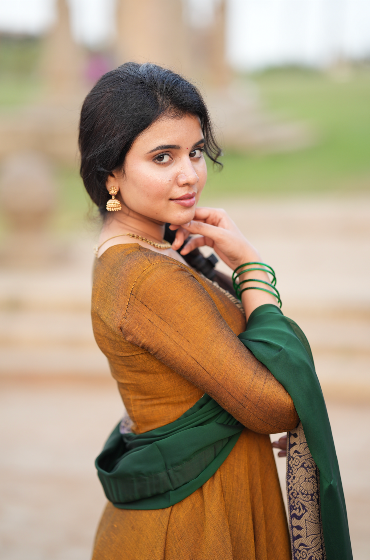 Mirna – Green Narayanpet Anarkali with Mustard Dupatta