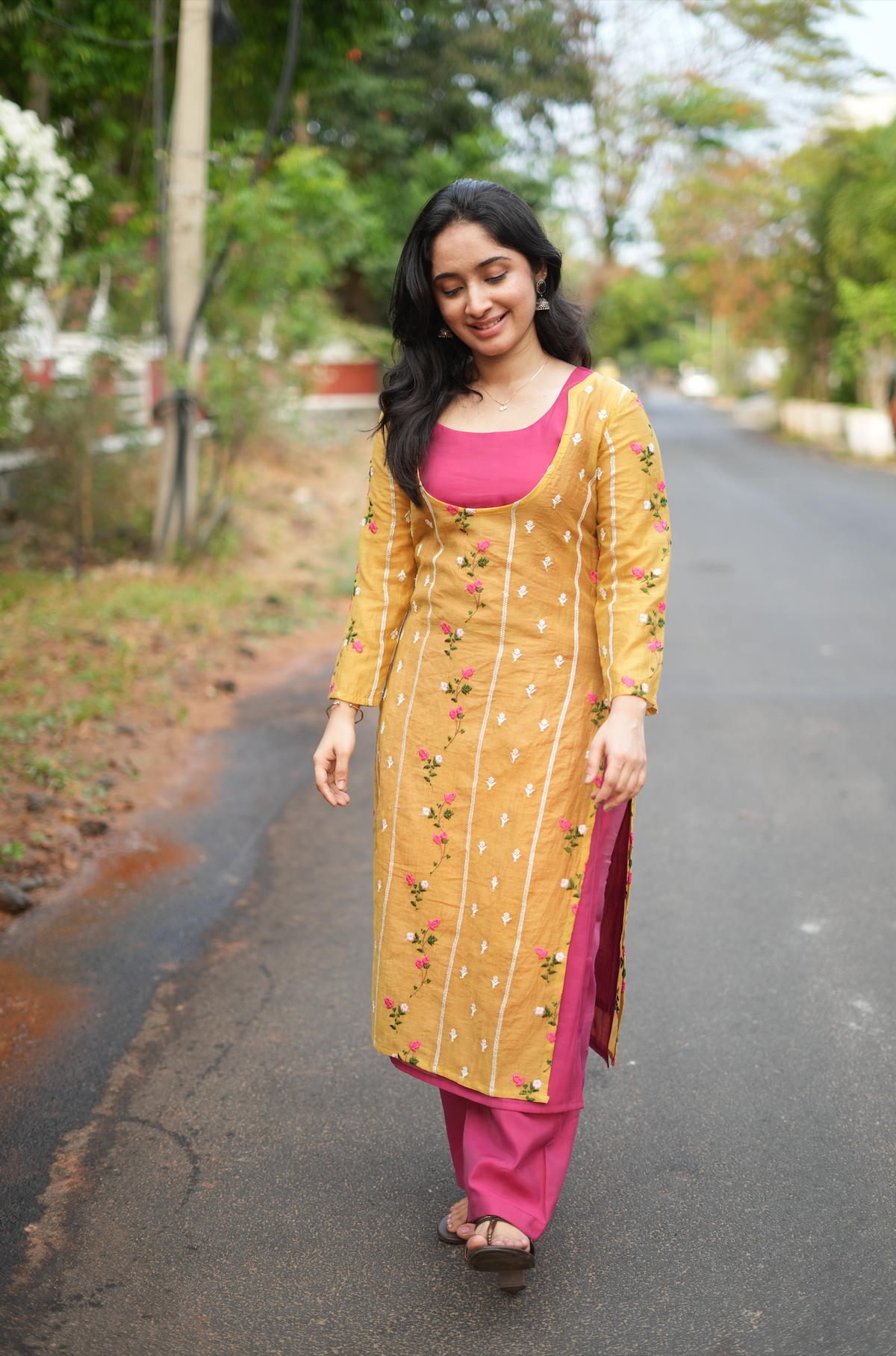 Monica – Pink Co-Ord Set with Yellow Shrug (VC1036)