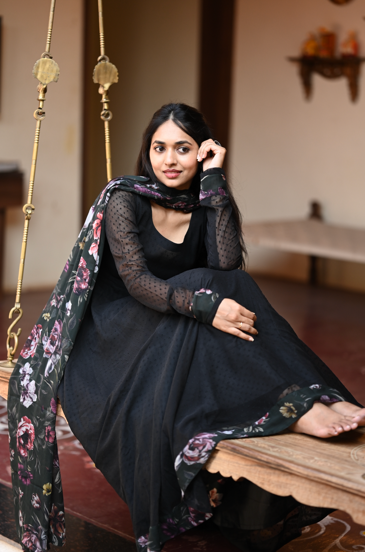 Black Kalamkari Dobby Anarkali Dress (VCD1018)