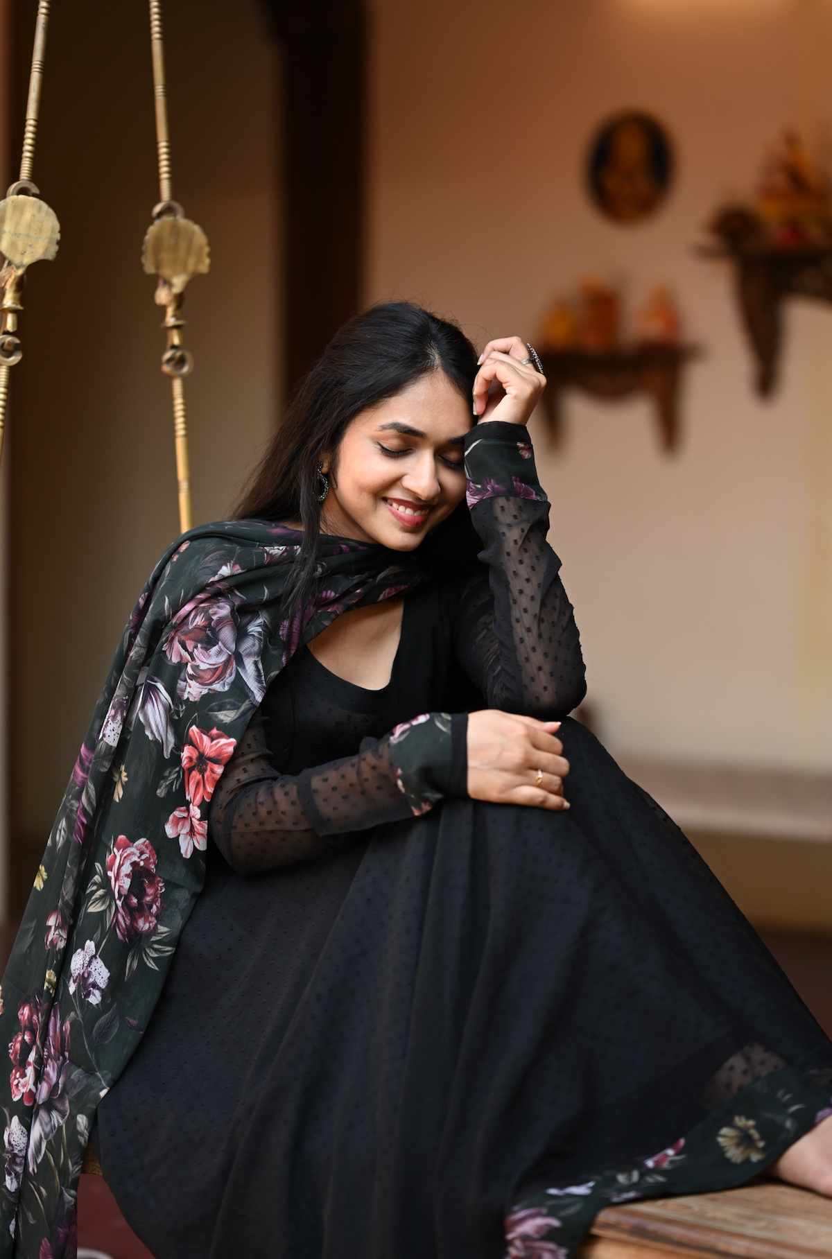 Black Kalamkari Dobby Anarkali Dress (VCD1018)