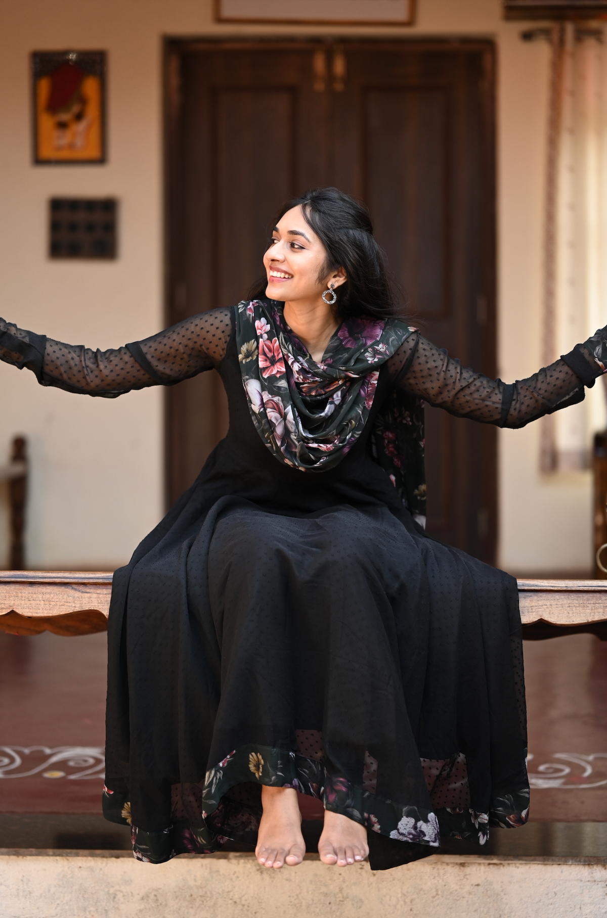 Black Kalamkari Dobby Anarkali Dress (VCD1018)