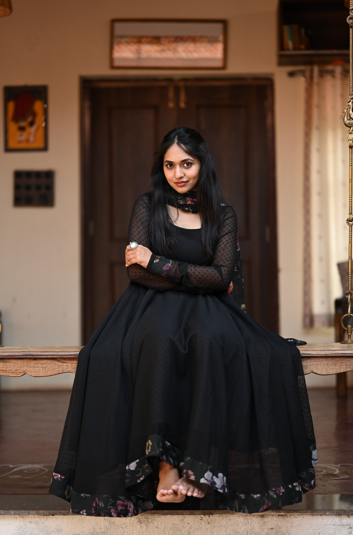 Black Kalamkari Dobby Anarkali Dress (VCD1018)