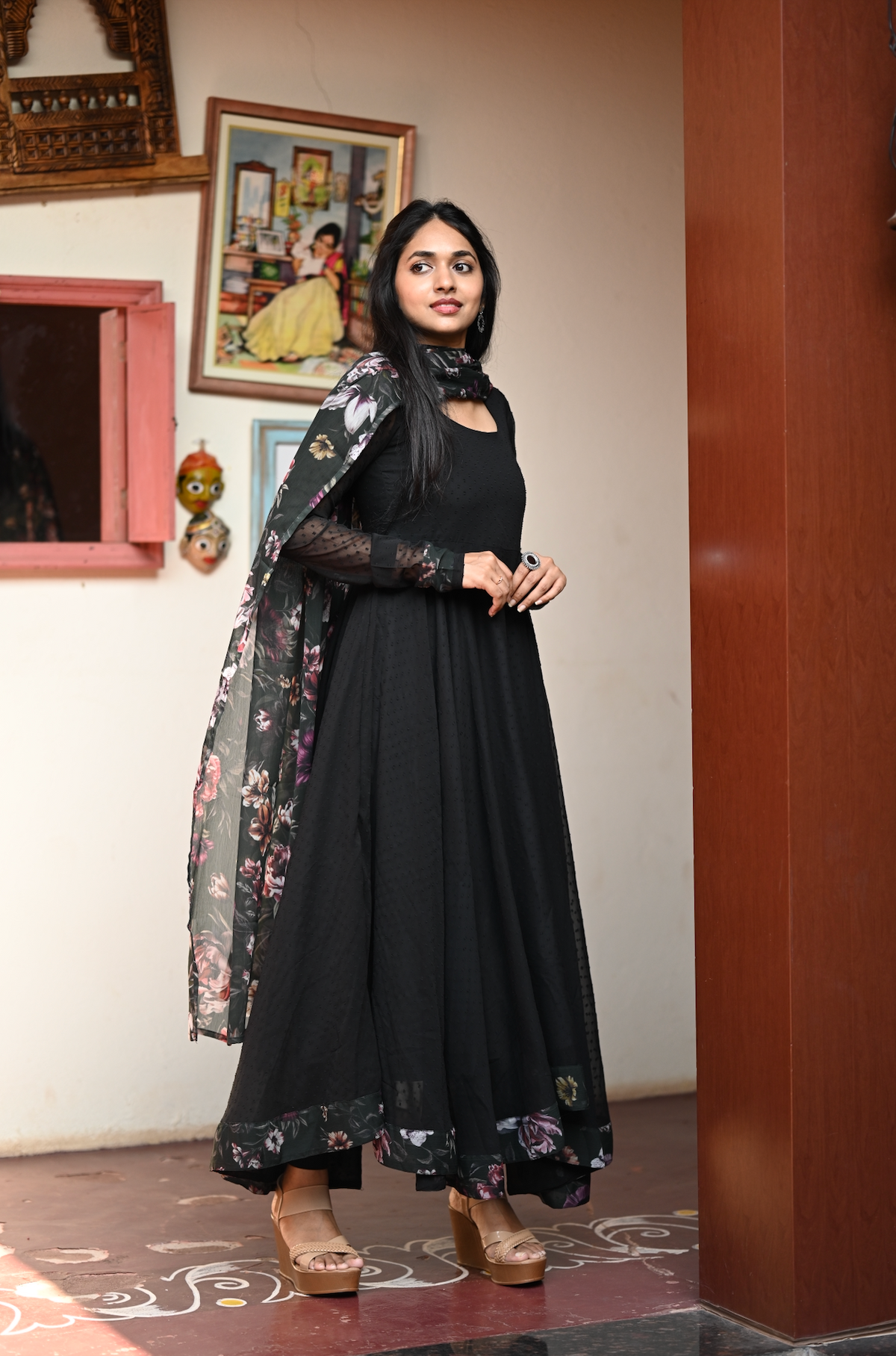 Black Kalamkari Dobby Anarkali Dress (VCD1018)