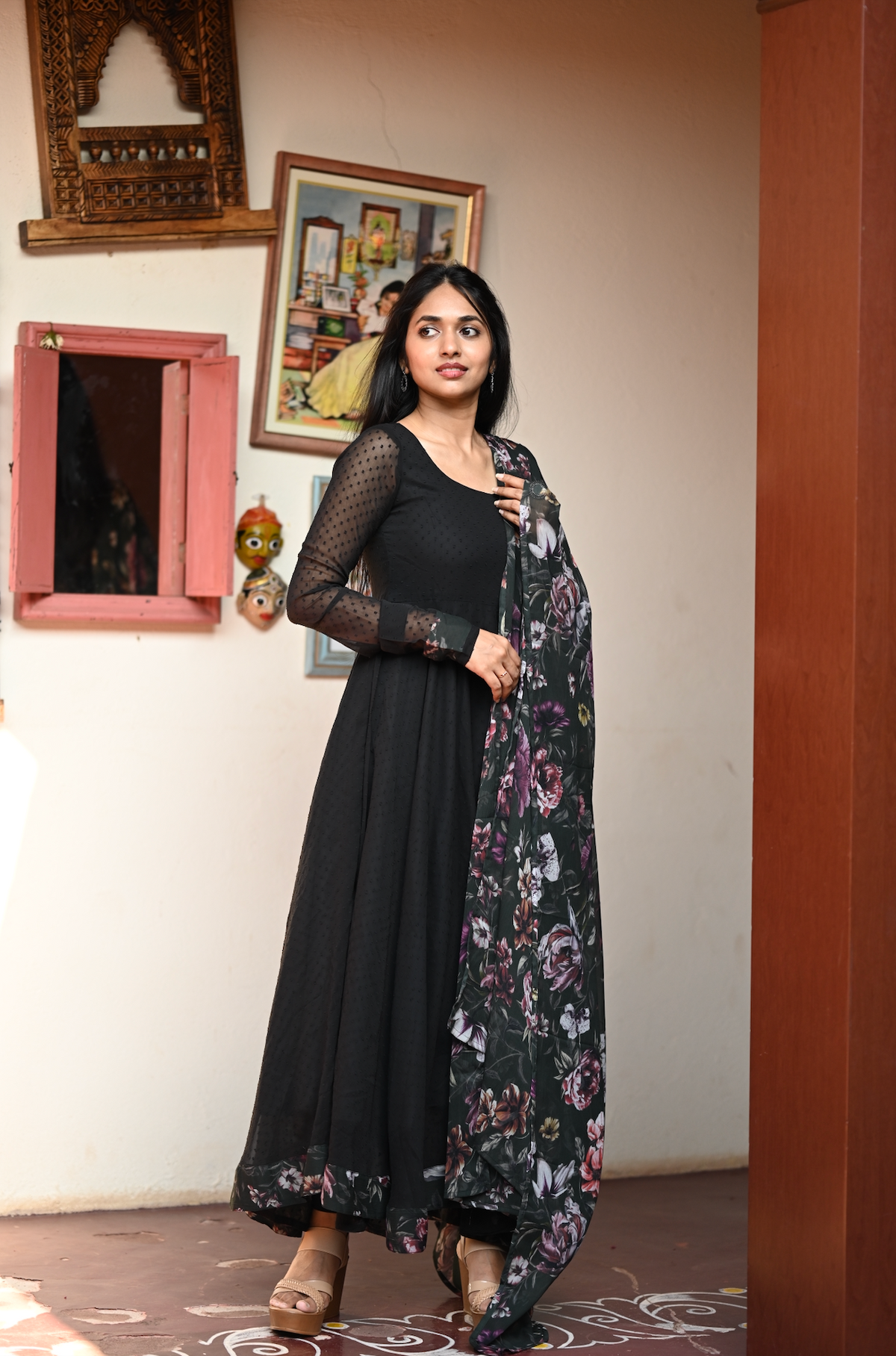 Black Kalamkari Dobby Anarkali Dress (VCD1018)