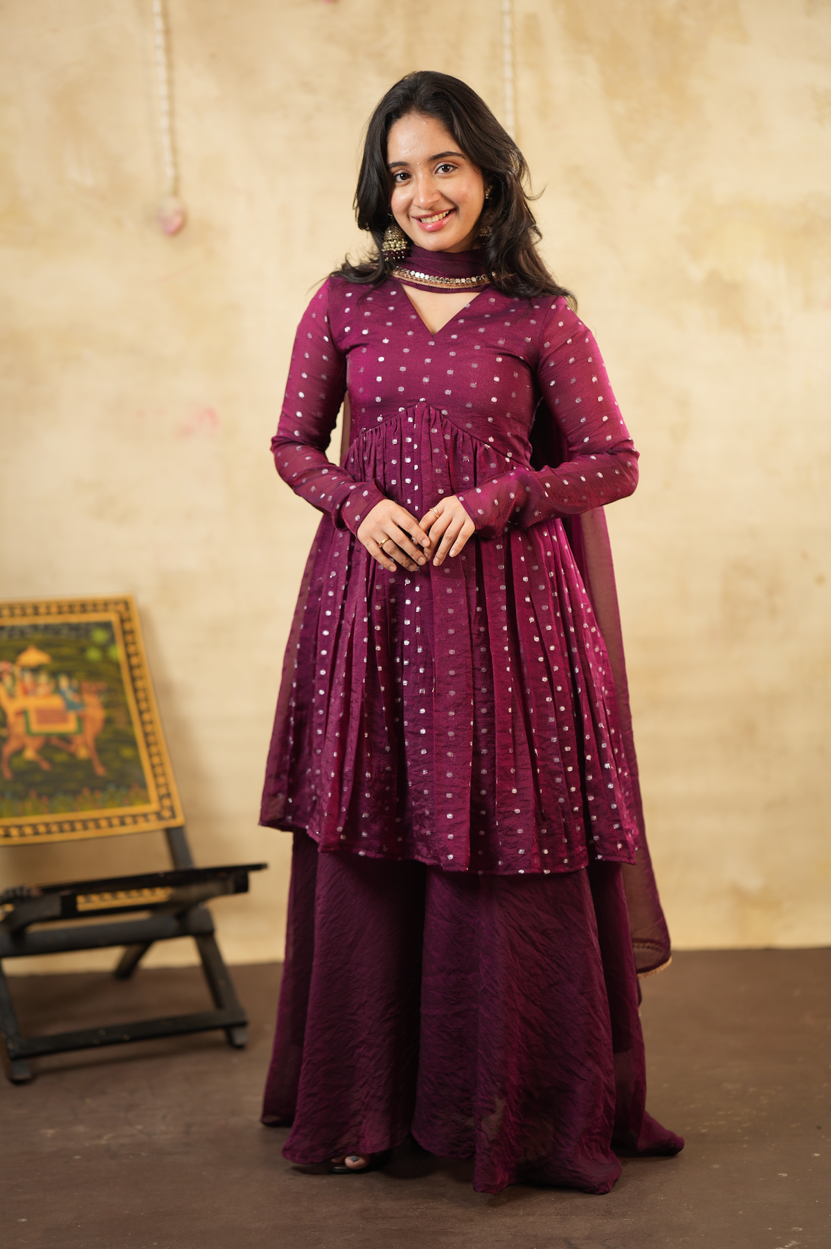 Ruby Wine – Tissue Sharara Set with Dupatta (VC1046)