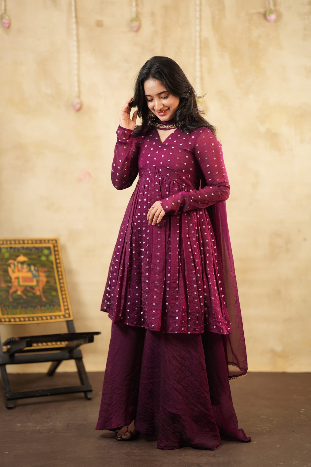 Ruby Wine – Tissue Sharara Set with Dupatta (VC1046)