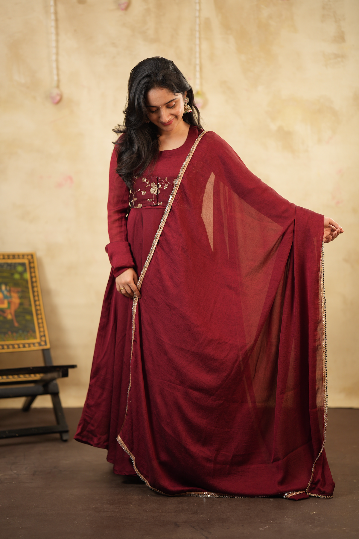 Royal Maroon – Anarkali with Embroidered Short Coat & Shawl (VC1048)