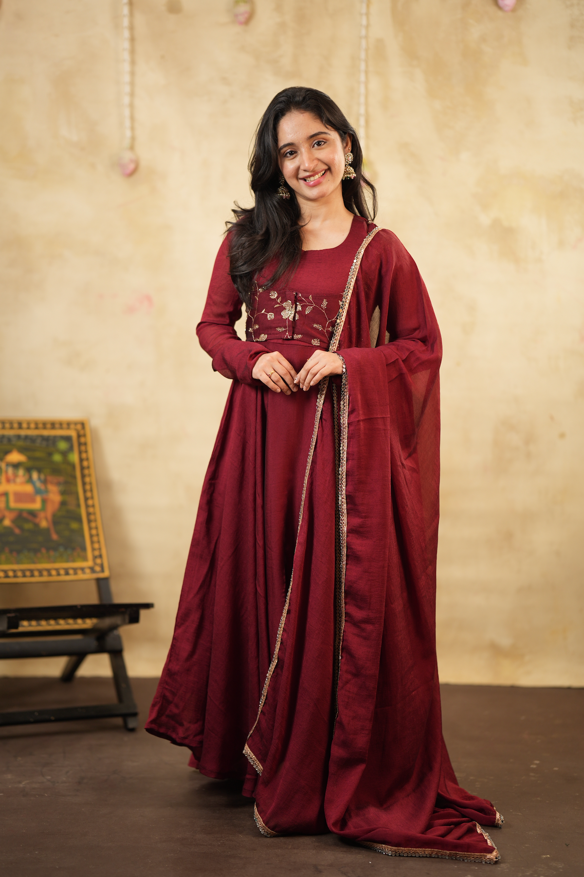 Royal Maroon – Anarkali with Embroidered Short Coat & Shawl (VC1048)