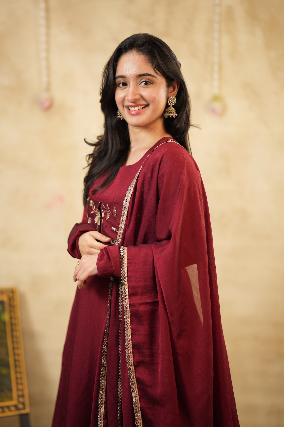 Royal Maroon – Anarkali with Embroidered Short Coat & Shawl (VC1048)
