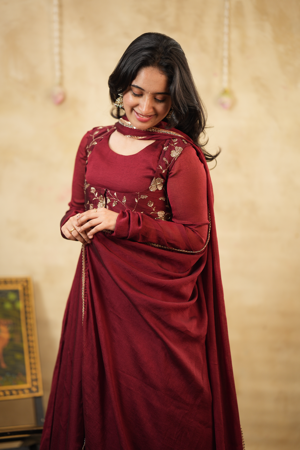 Royal Maroon – Anarkali with Embroidered Short Coat & Shawl (VC1048)