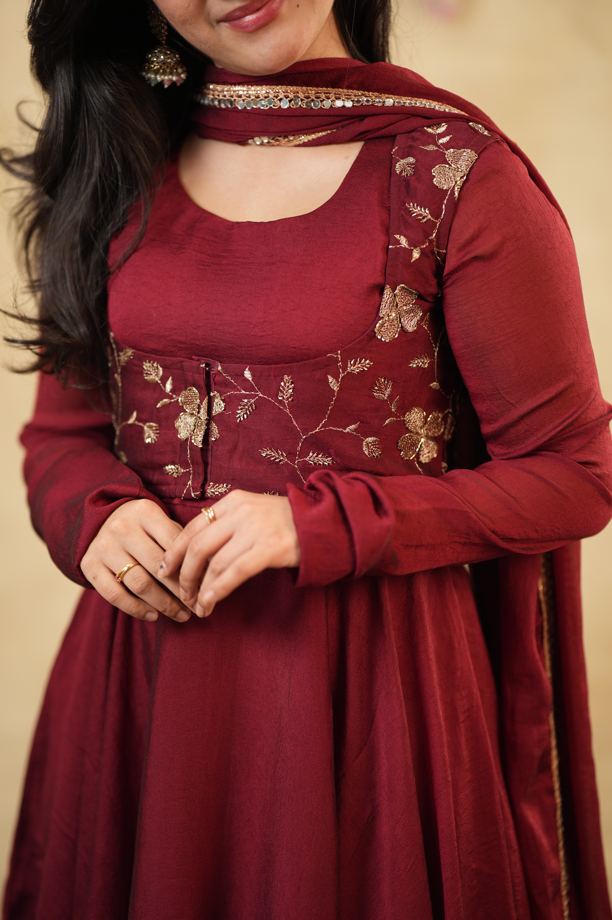Royal Maroon – Anarkali with Embroidered Short Coat & Shawl (VC1048)