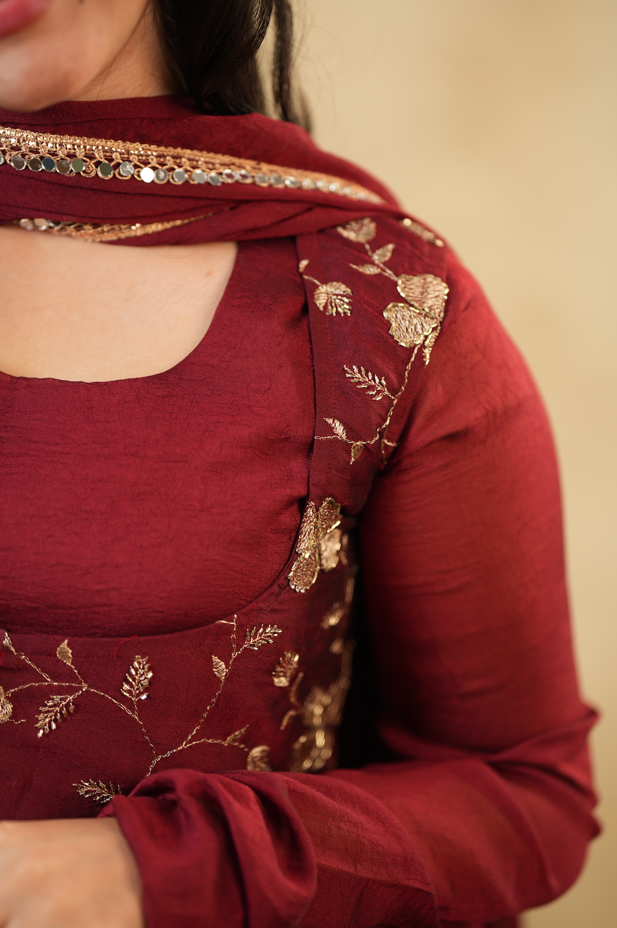 Royal Maroon – Anarkali with Embroidered Short Coat & Shawl (VC1048)