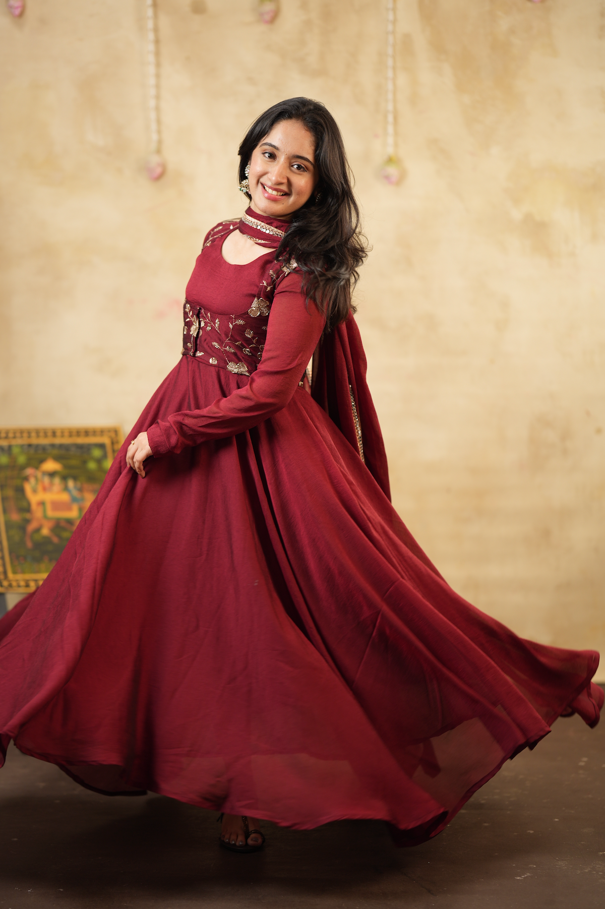 Royal Maroon – Anarkali with Embroidered Short Coat & Shawl (VC1048)