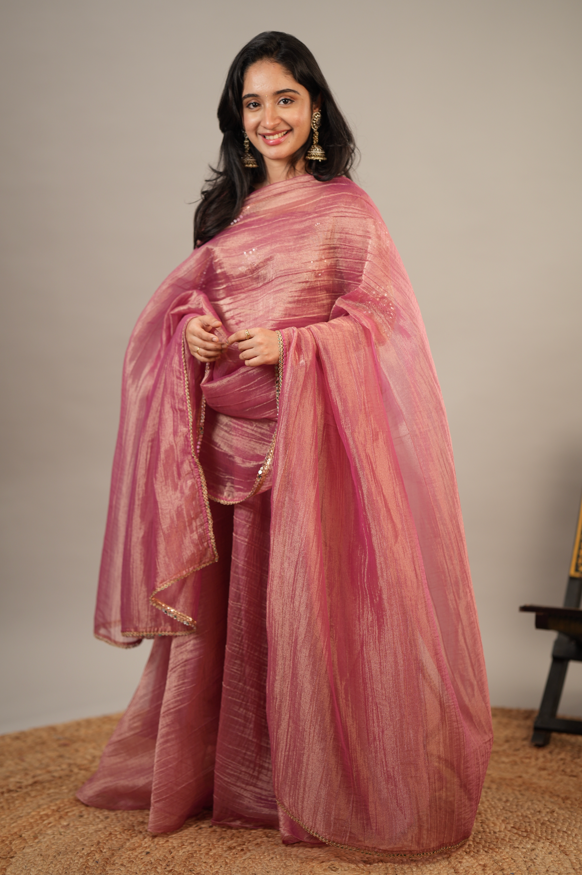 Rose Reverie – Rose Pink Embroidered Crop Top, Skirt & Shawl Set (VC1048)