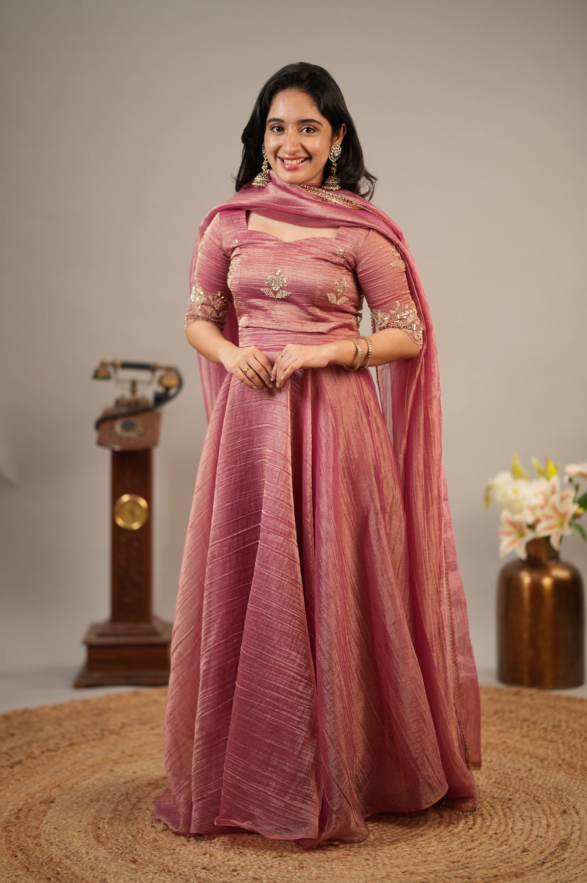Rose Reverie – Rose Pink Embroidered Crop Top, Skirt & Shawl Set (VC1048)