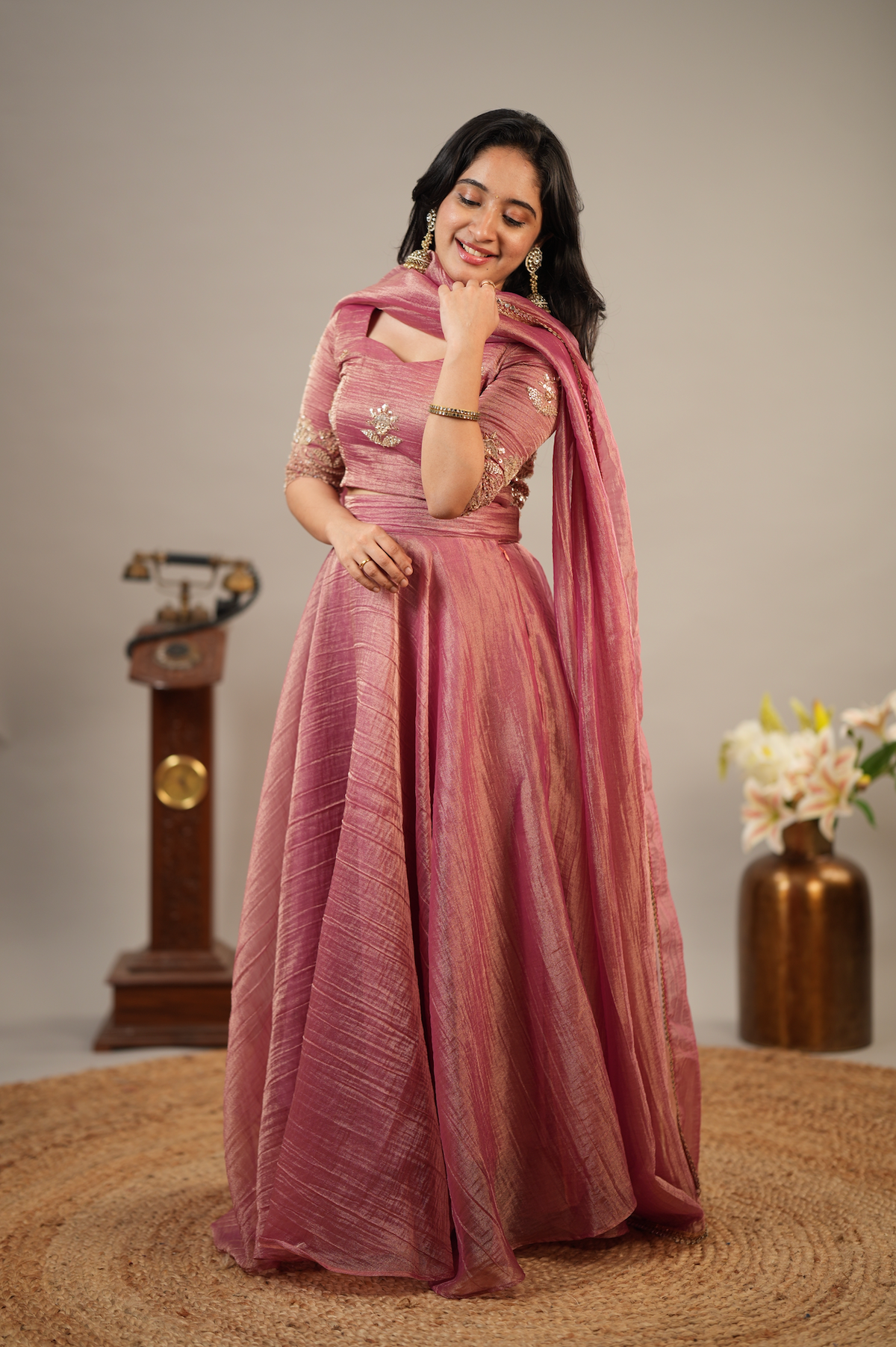 Rose Reverie – Rose Pink Embroidered Crop Top, Skirt & Shawl Set (VC1048)