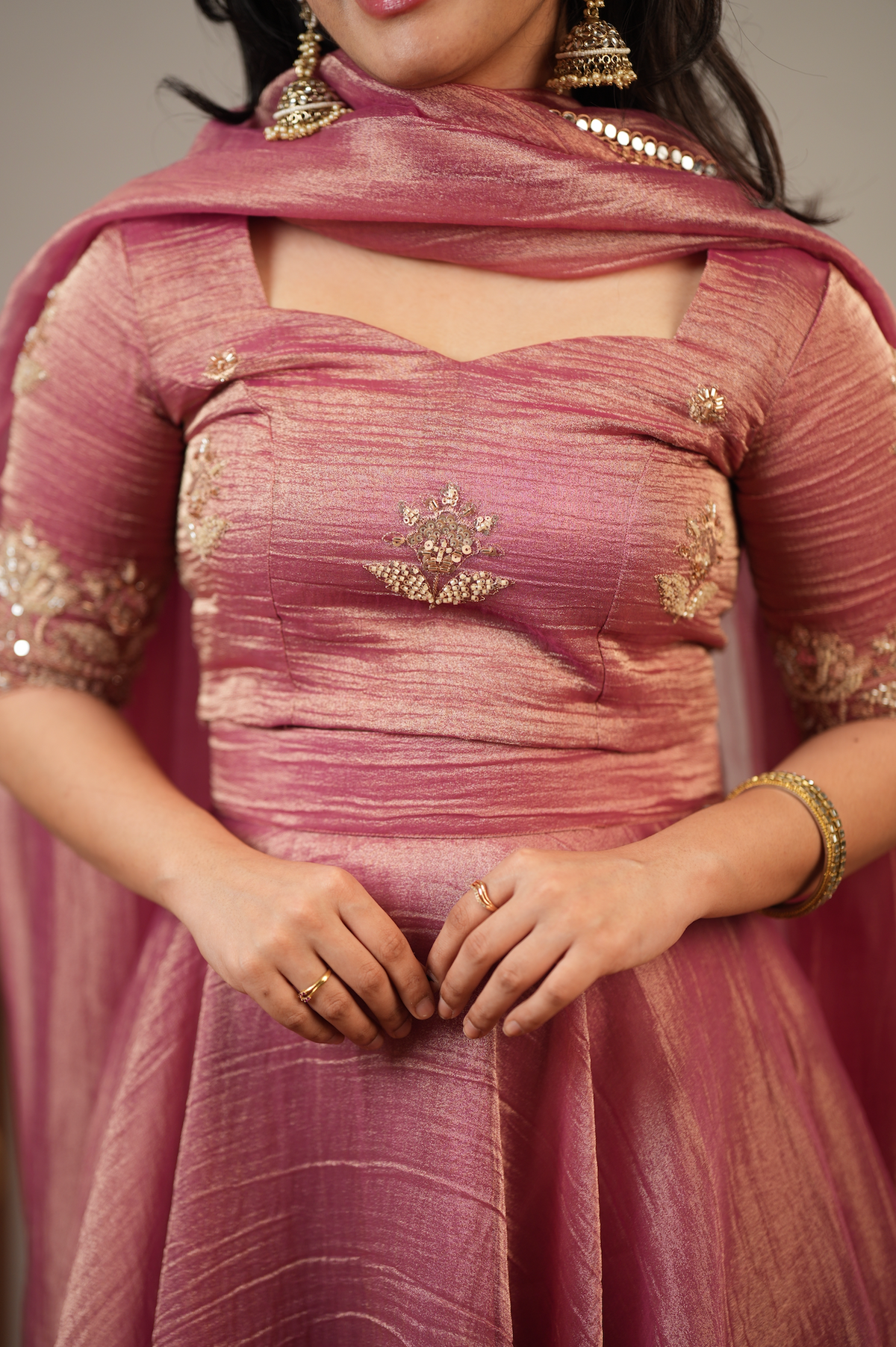 Rose Reverie – Rose Pink Embroidered Crop Top, Skirt & Shawl Set (VC1048)