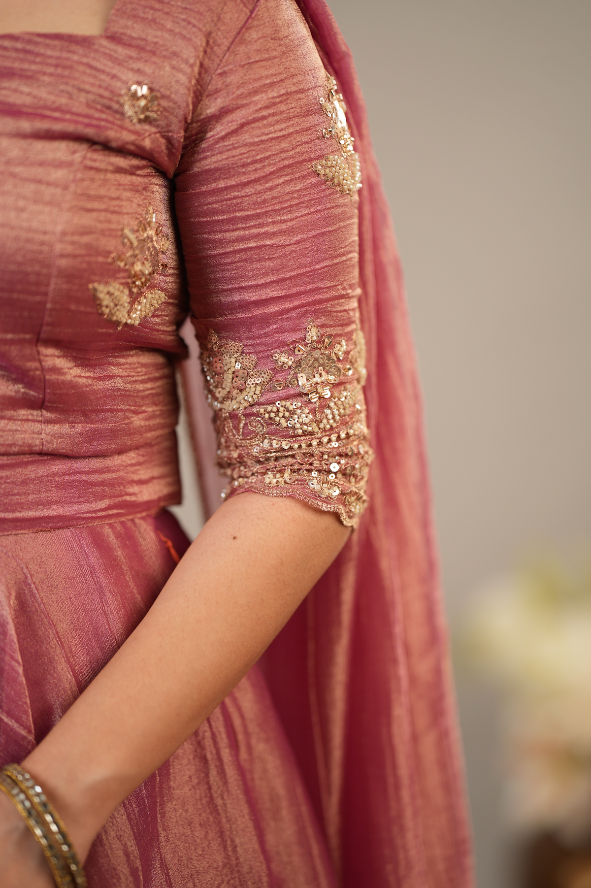 Rose Reverie – Rose Pink Embroidered Crop Top, Skirt & Shawl Set (VC1048)