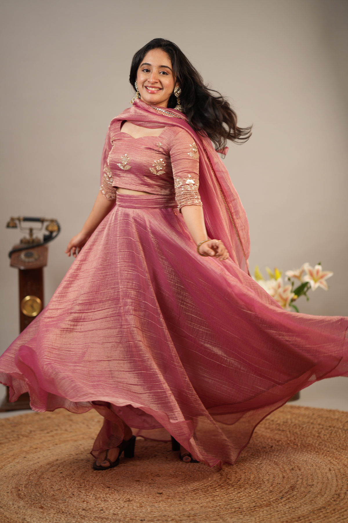 Rose Reverie – Rose Pink Embroidered Crop Top, Skirt & Shawl Set (VC1048)