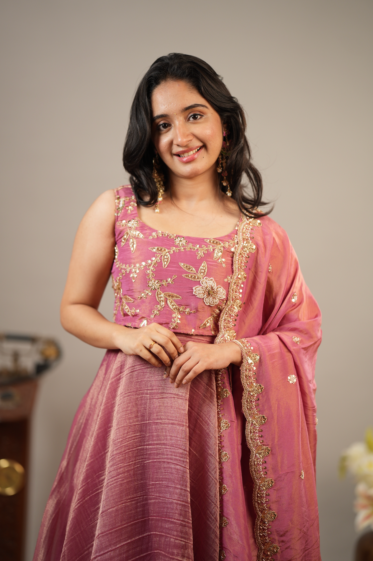 Rose Bloom – Pink Tissue Silk Crop Top, Skirt & Dupatta Set (VC1047)