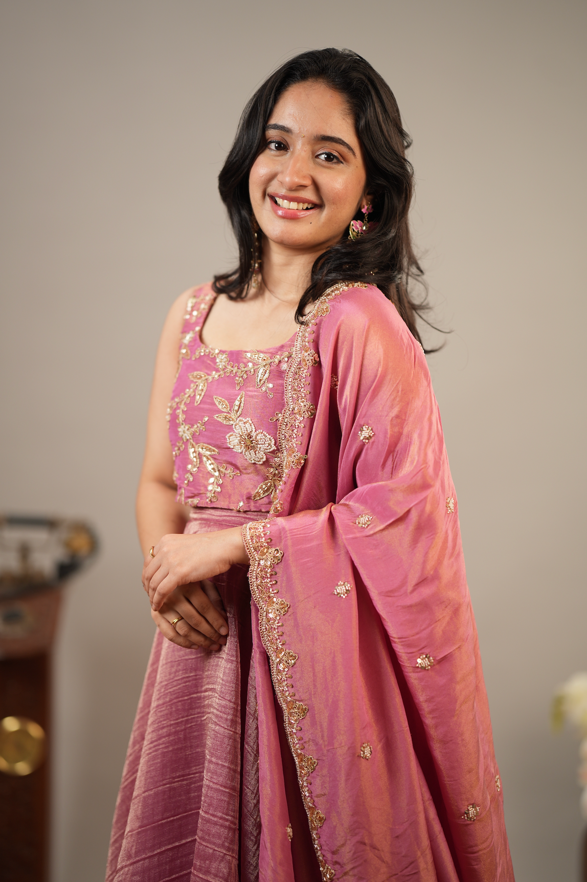 Rose Bloom – Pink Tissue Silk Crop Top, Skirt & Dupatta Set (VC1047)