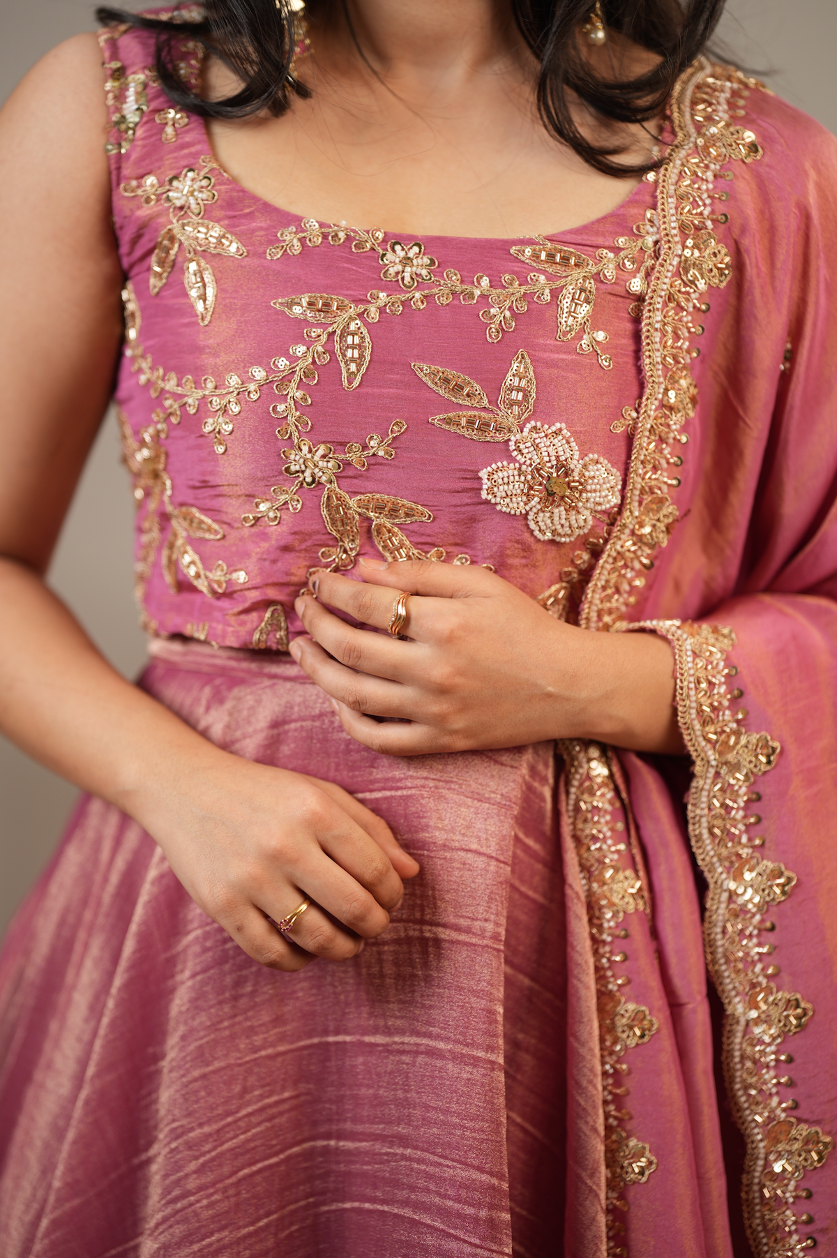 Rose Bloom – Pink Tissue Silk Crop Top, Skirt & Dupatta Set (VC1047)