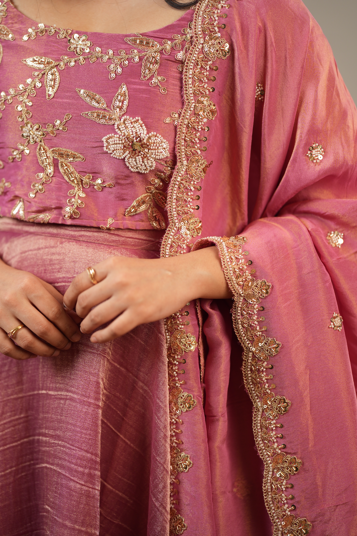 Rose Bloom – Pink Tissue Silk Crop Top, Skirt & Dupatta Set (VC1047)