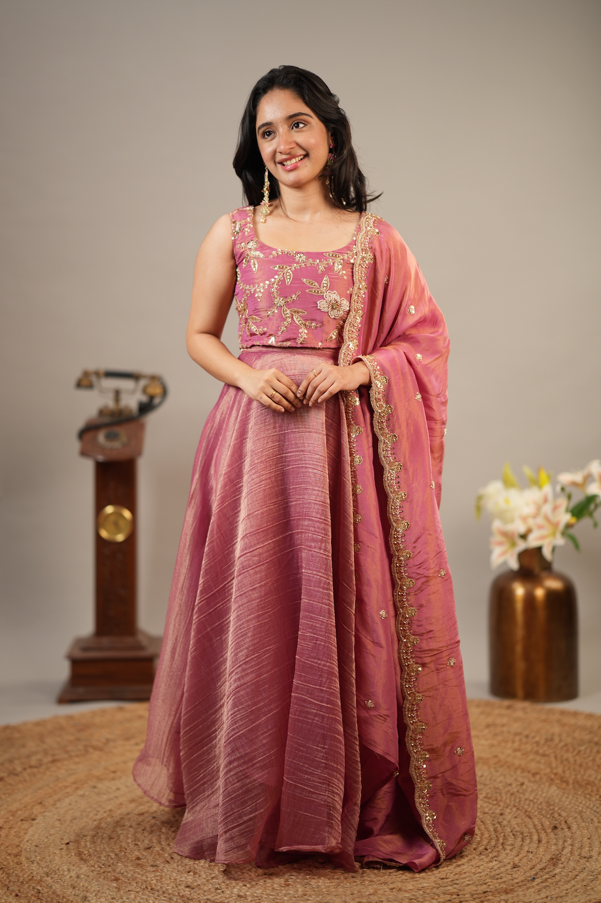 Rose Bloom – Pink Tissue Silk Crop Top, Skirt & Dupatta Set (VC1047)