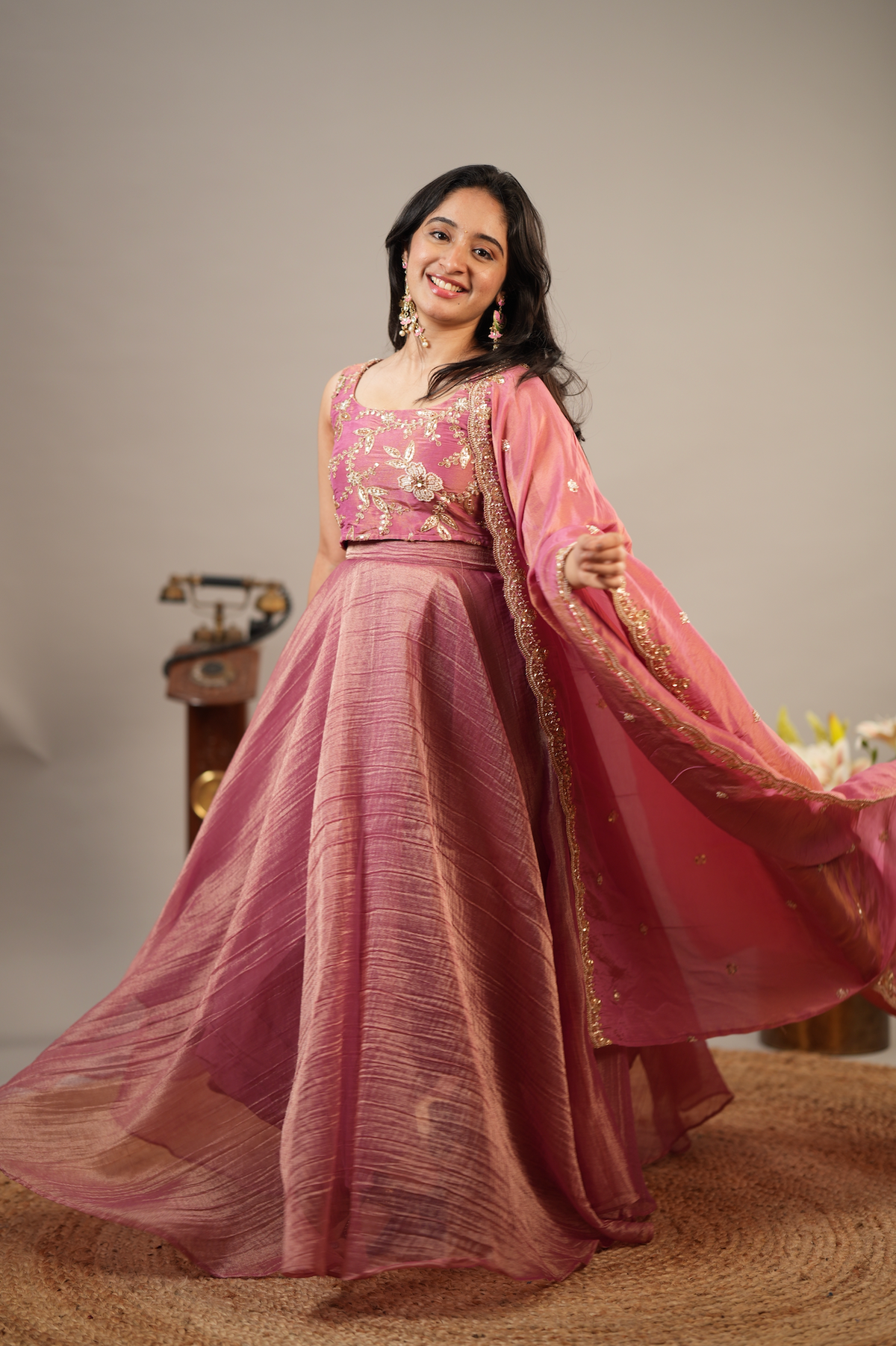 Rose Bloom – Pink Tissue Silk Crop Top, Skirt & Dupatta Set (VC1047)