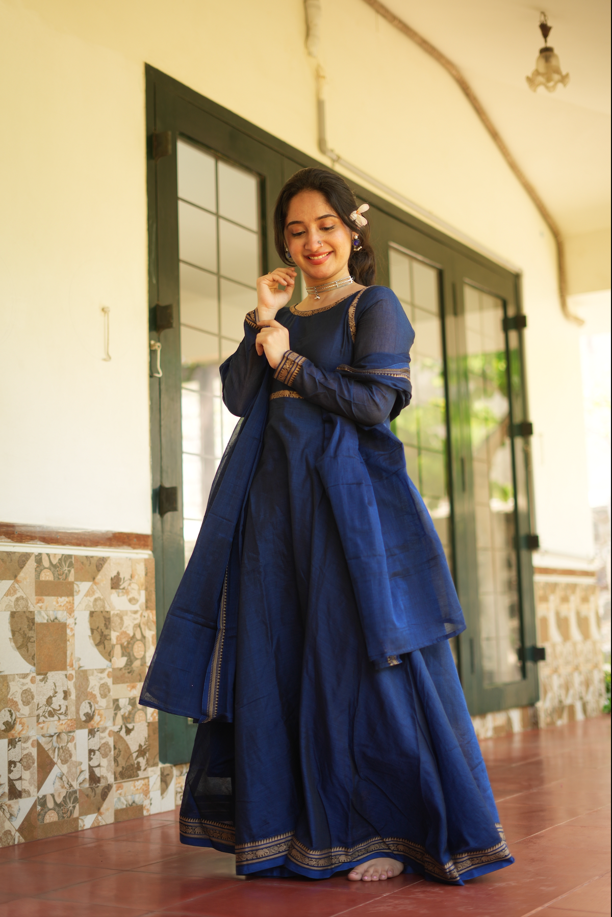Indigo Grace – Blue Narayanpet Anarkali & Dupatta Set