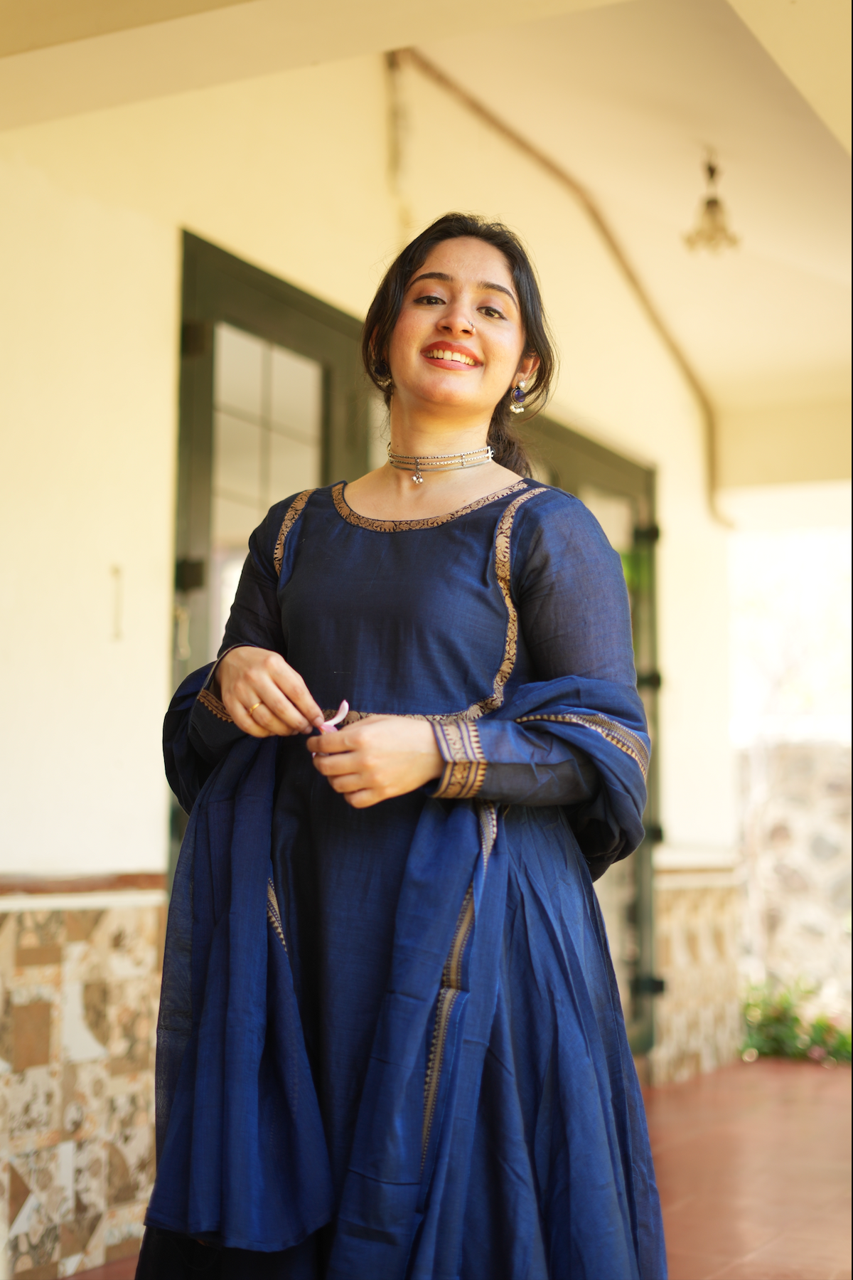Indigo Grace – Blue Narayanpet Anarkali & Dupatta Set