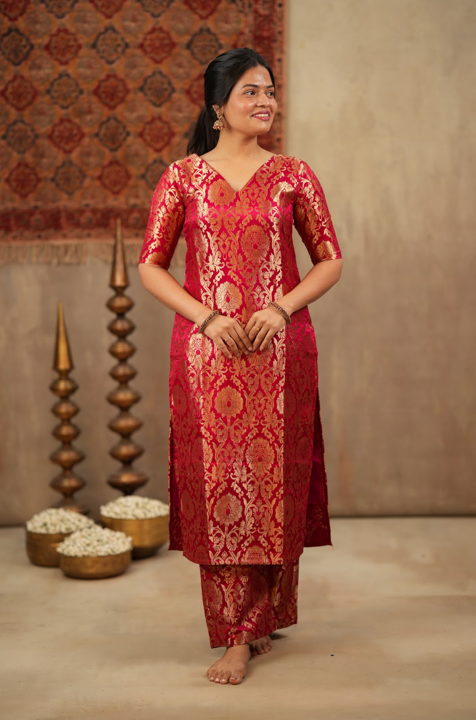 Harshvi – Cherry Banarasi Brocade Suit Set