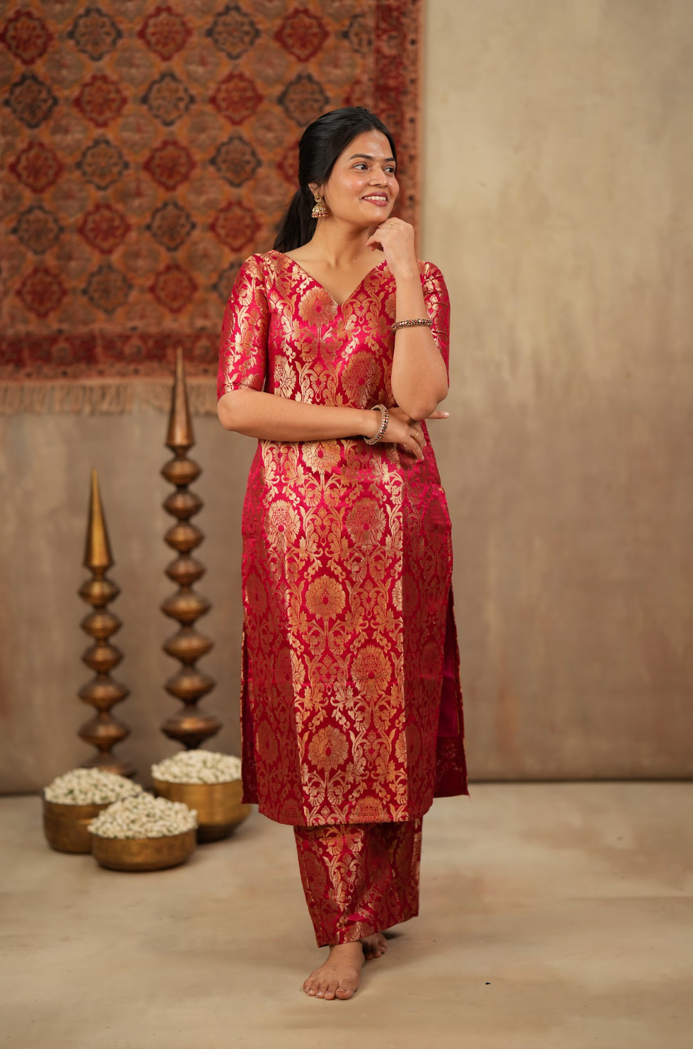 Harshvi – Cherry Banarasi Brocade Suit Set