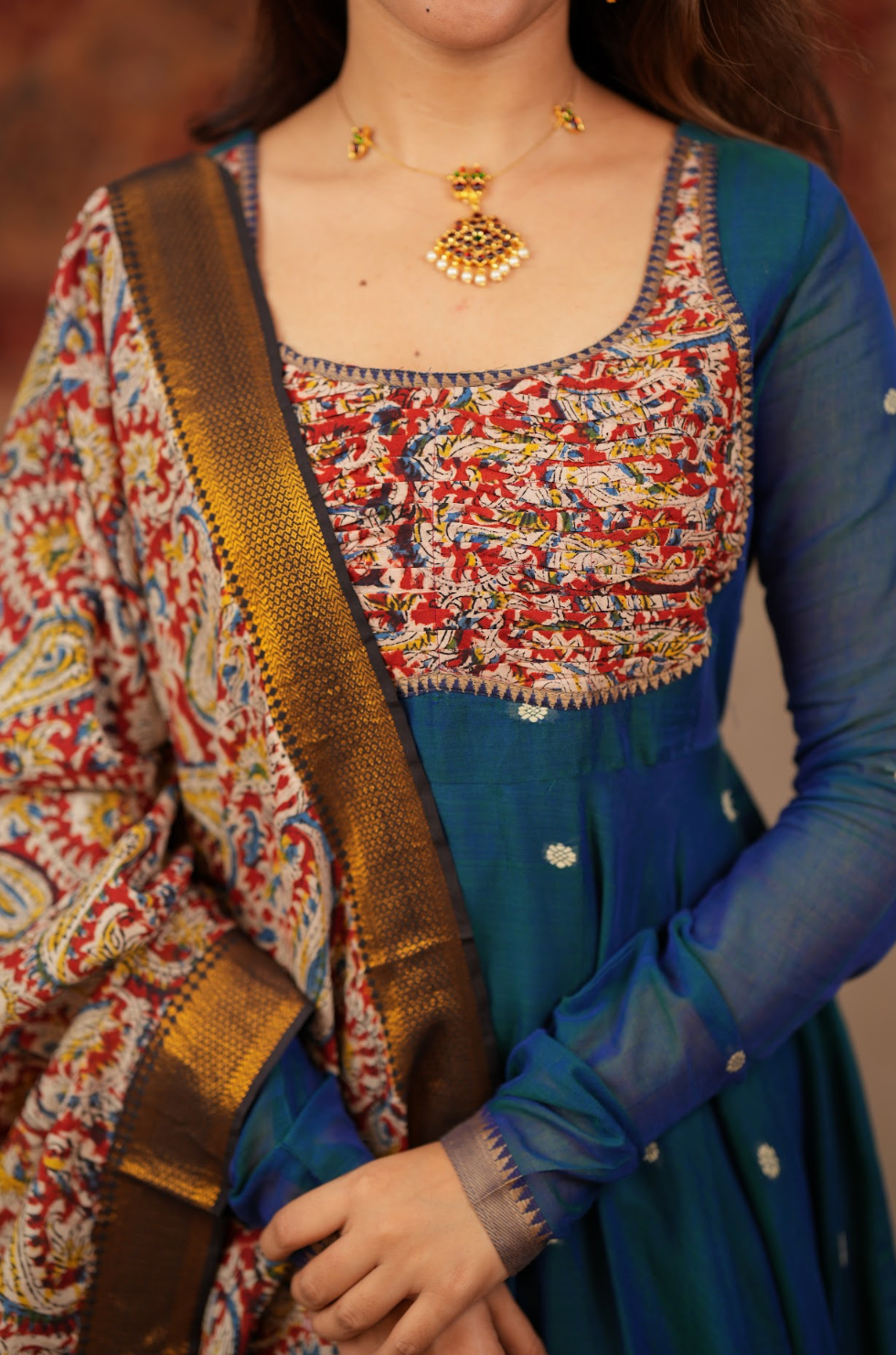 Tharika – Peacock Blue Narayanpet Kalamkari Anarkali Suit