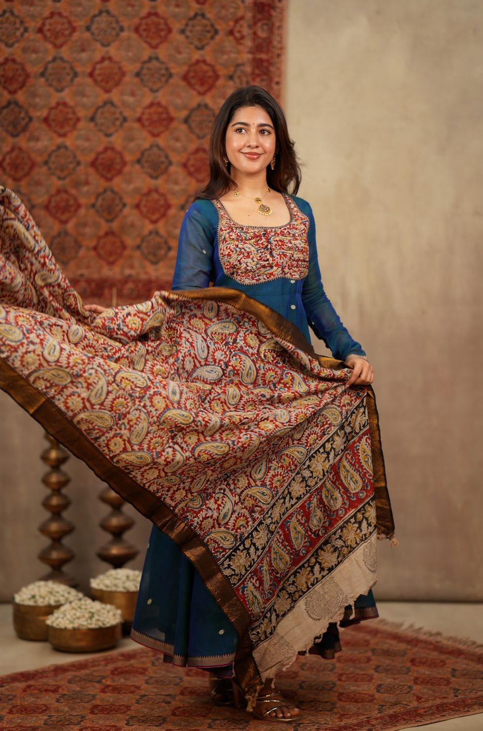 Tharika – Peacock Blue Narayanpet Kalamkari Anarkali Suit