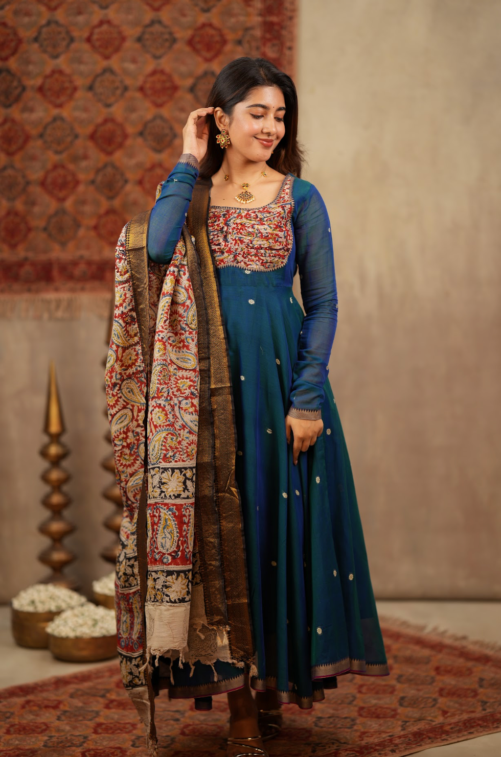 Tharika – Peacock Blue Narayanpet Kalamkari Anarkali Suit