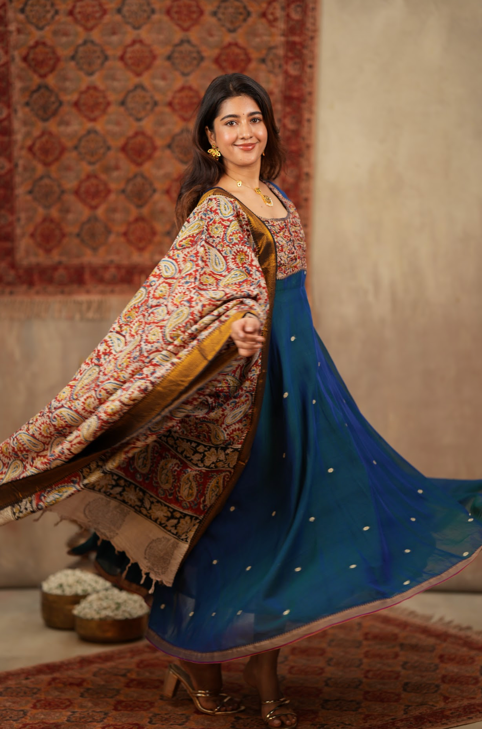 Tharika – Peacock Blue Narayanpet Kalamkari Anarkali Suit