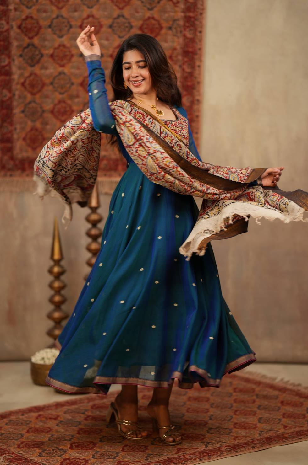 Tharika – Peacock Blue Narayanpet Kalamkari Anarkali Suit