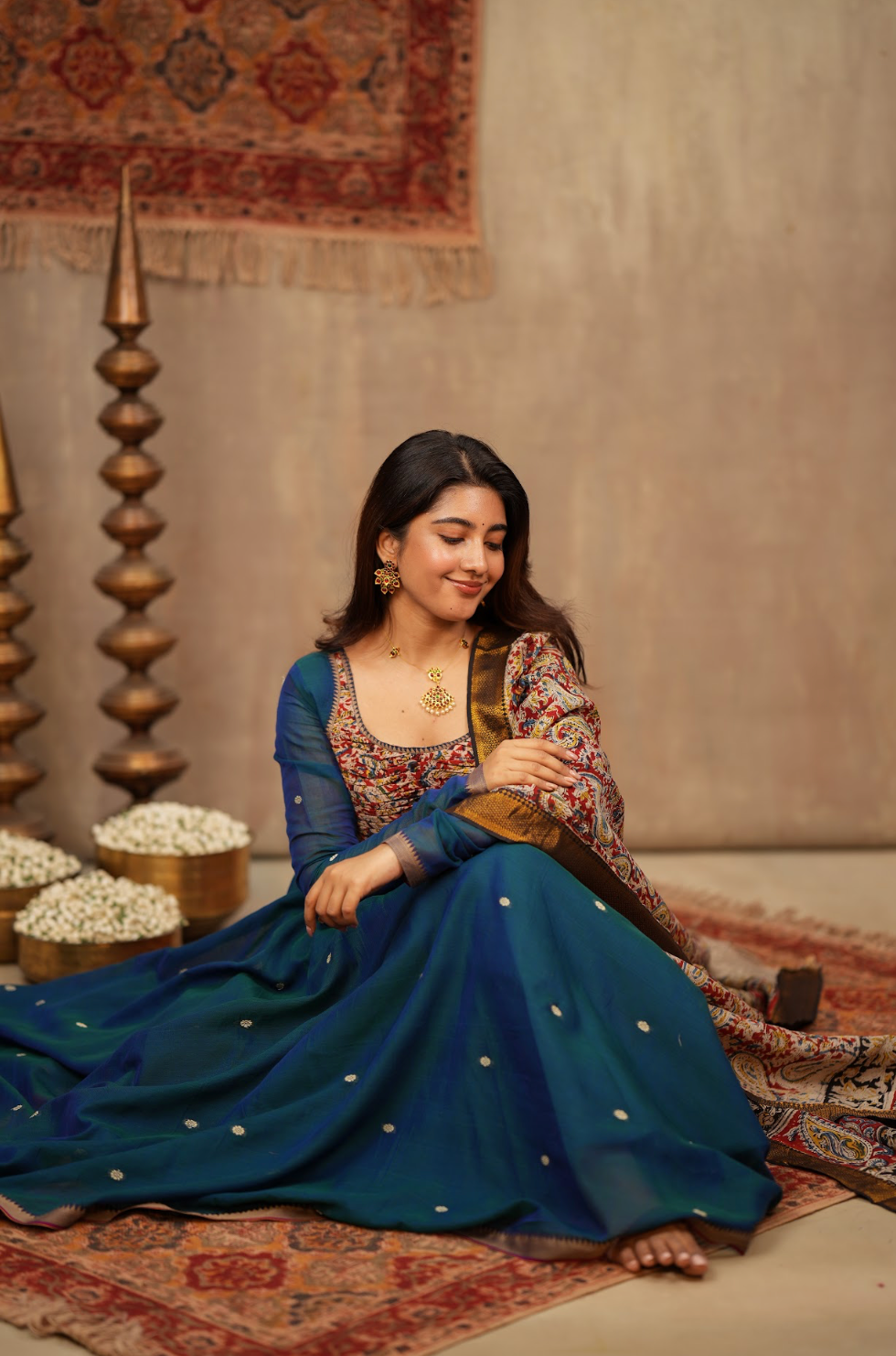 Tharika – Peacock Blue Narayanpet Kalamkari Anarkali Suit