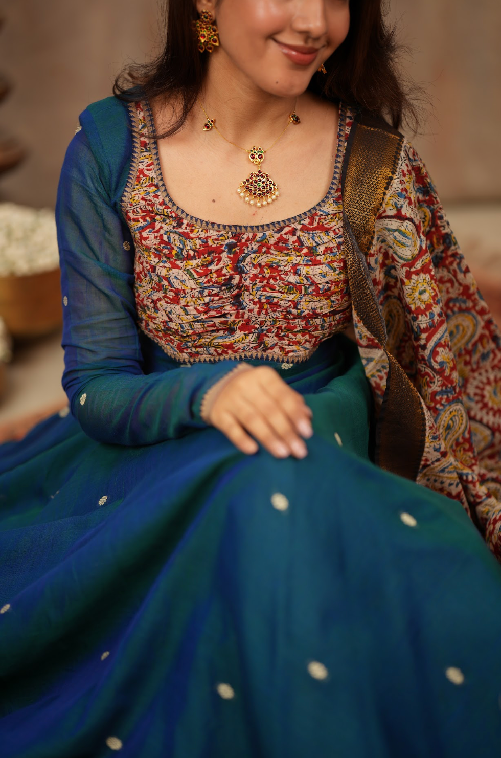 Tharika – Peacock Blue Narayanpet Kalamkari Anarkali Suit