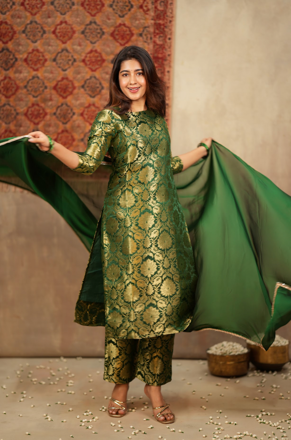 Harshvi – Emerald Banarasi Brocade Suit Set