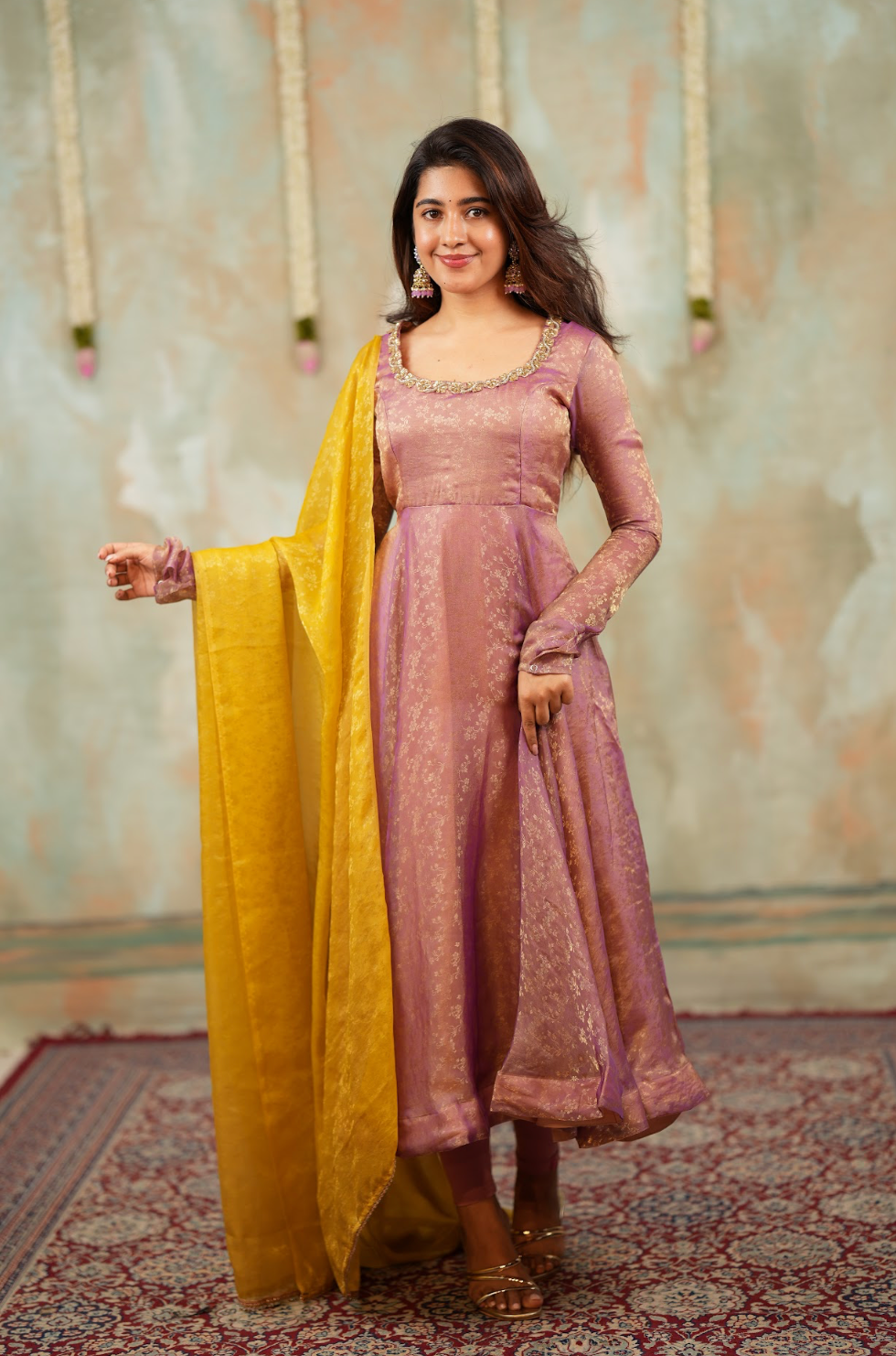 Kriya – Mauve Floral Tissue Silk Anarkali with Dupatta