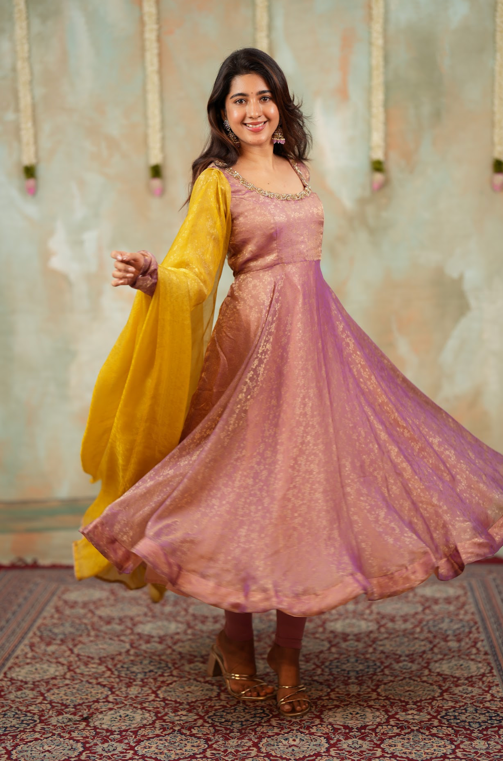 Kriya – Mauve Floral Tissue Silk Anarkali with Dupatta