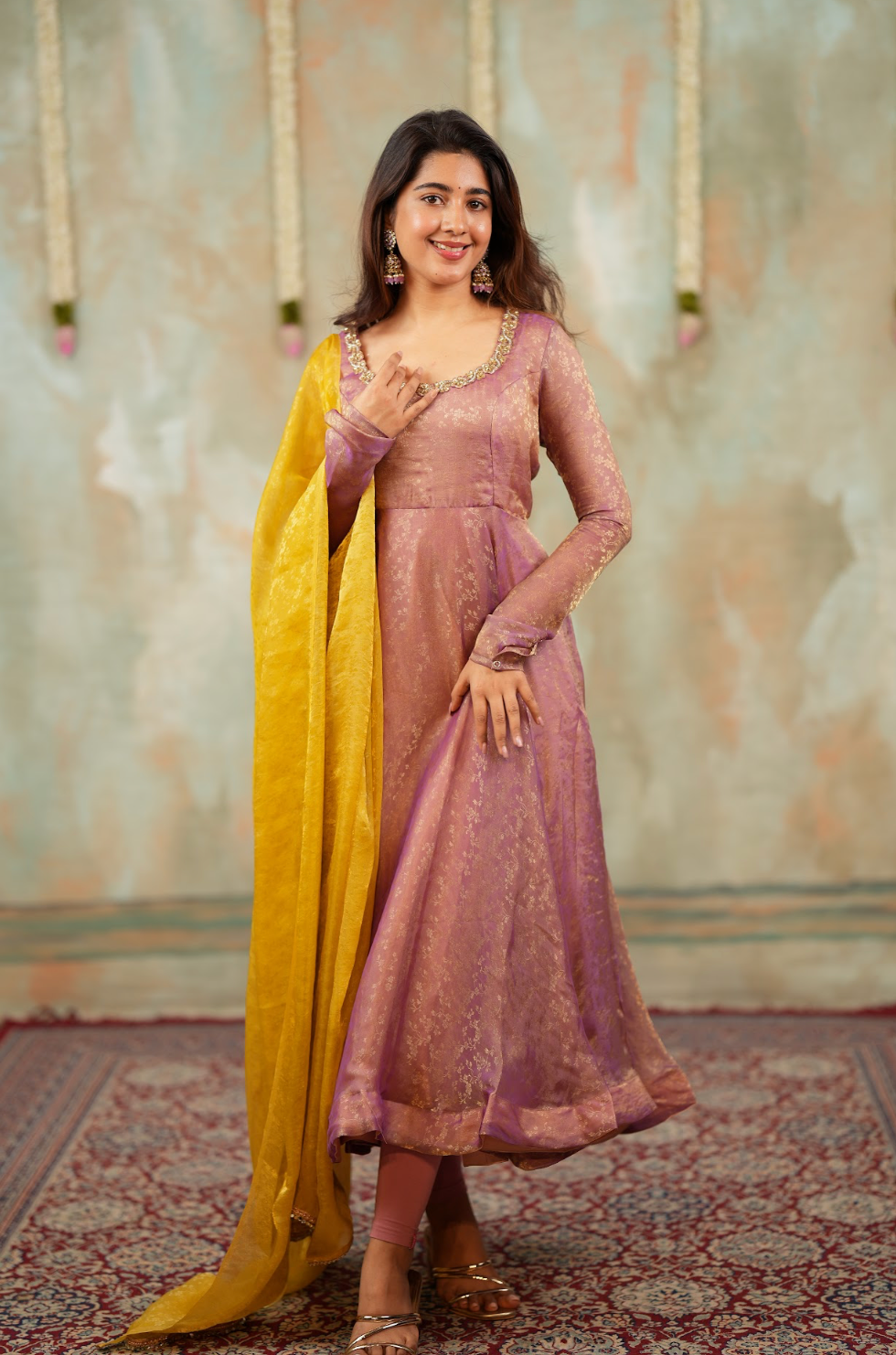 Kriya – Mauve Floral Tissue Silk Anarkali with Dupatta