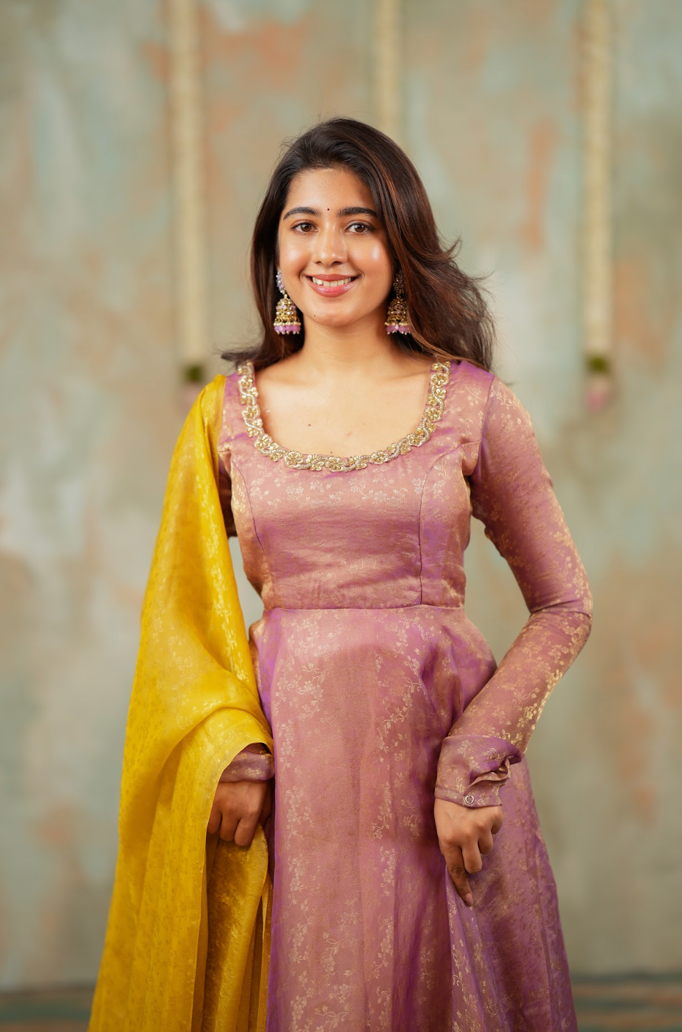 Kriya – Mauve Floral Tissue Silk Anarkali with Dupatta