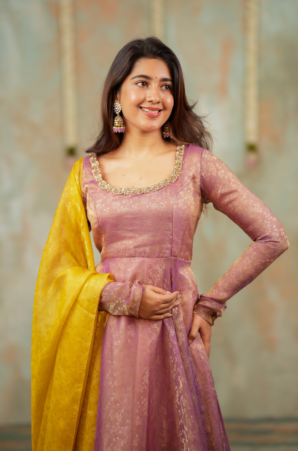 Kriya – Mauve Floral Tissue Silk Anarkali with Dupatta
