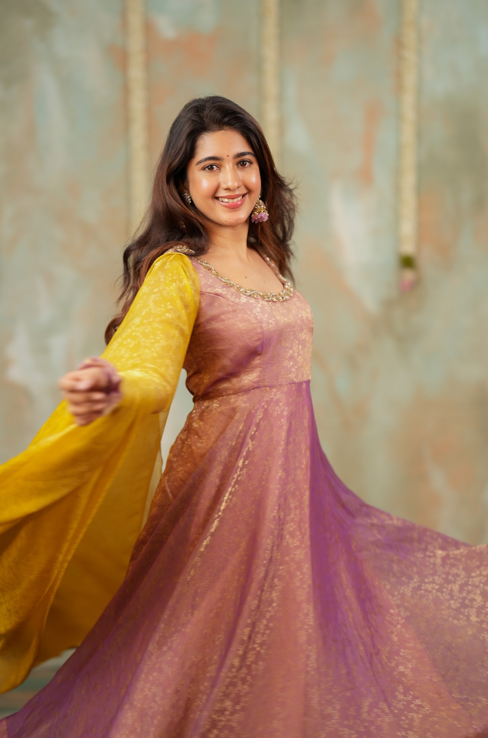 Kriya – Mauve Floral Tissue Silk Anarkali with Dupatta